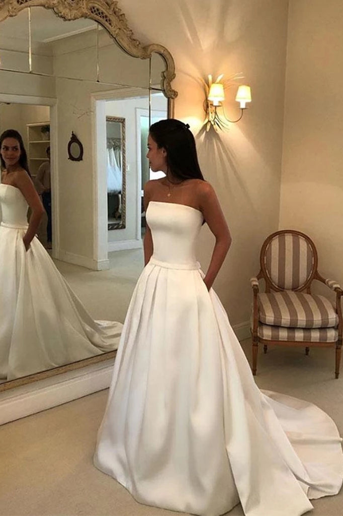 Simple Satin Strapless Wedding Dresses, Long Bridal Dress with Pockets OW506