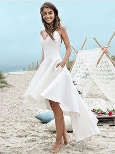 V Neck High Low Beach Wedding Dresses, Backless Bridal Dress With Pockets OW508