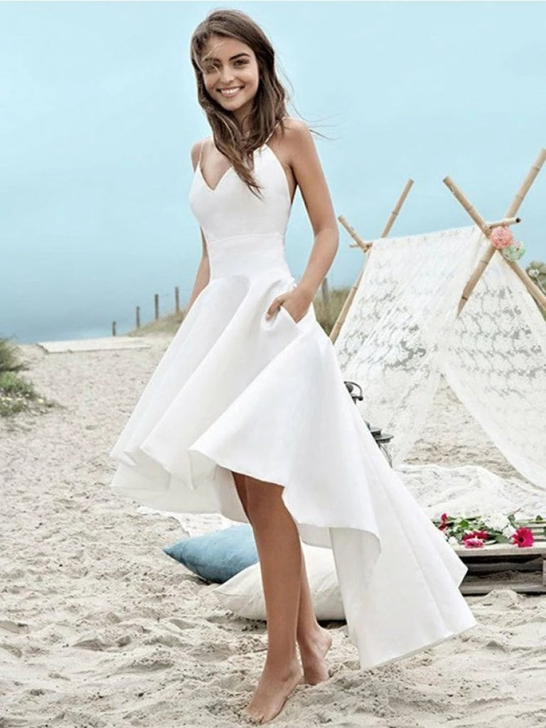 V Neck High Low Beach Wedding Dresses, Backless Bridal Dress With Pockets OW508 V Neck High Low Beach Wedding Dresses, Backless Bridal Dress With Pockets OW508