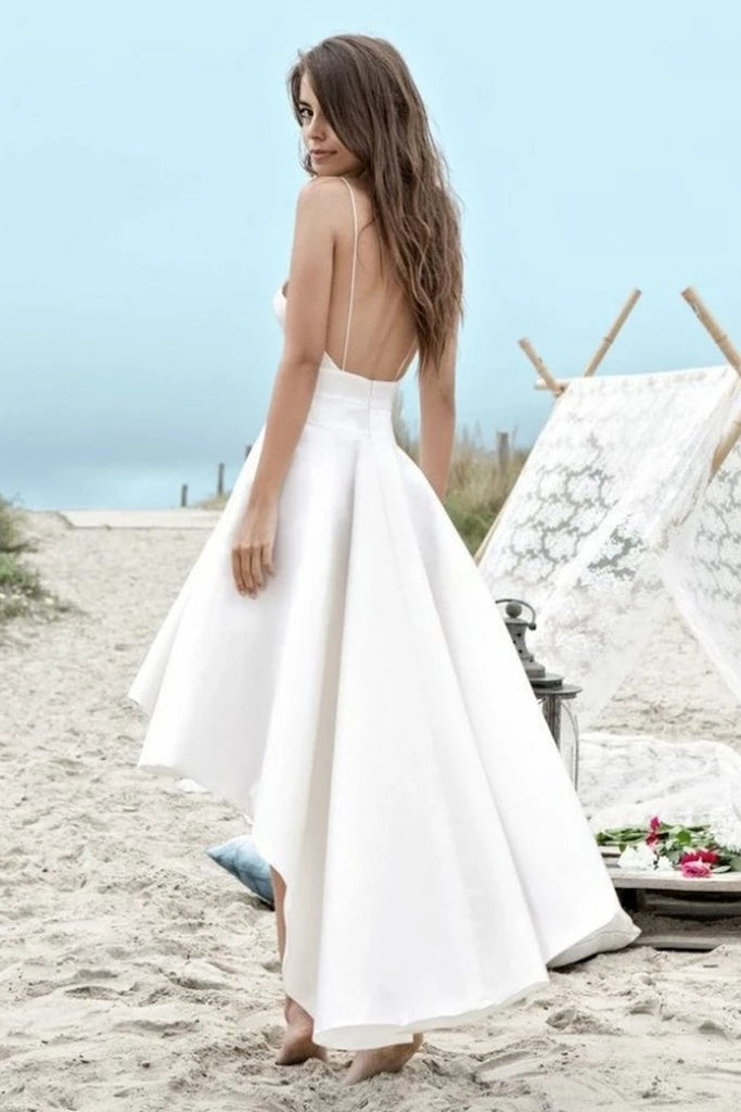 V Neck High Low Beach Wedding Dresses, Backless Bridal Dress With Pockets OW508
