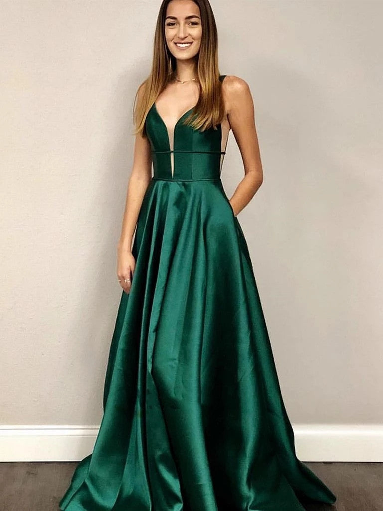 V Neck Emerald Green A-line Formal Prom Dresses With Pockets PO001 V Neck Emerald Green A-line Formal Prom Dresses With Pockets PO001