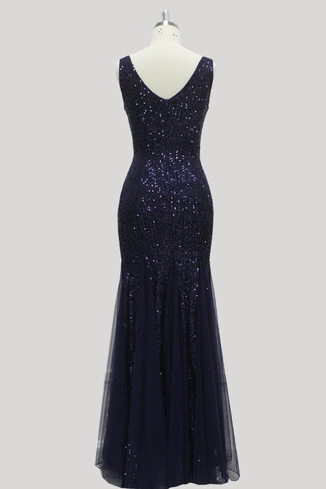 Mermaid Tulle Sequins Long Prom Dresses V-neck Evening Dress E90813