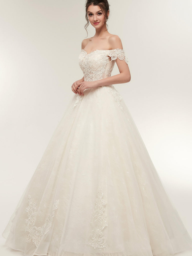 Elegant Off-Shoulder Light Champagne A-line Floor Length Lace Tulle We Elegant Off-Shoulder Light Champagne A-line Floor Length Lace Tulle We
