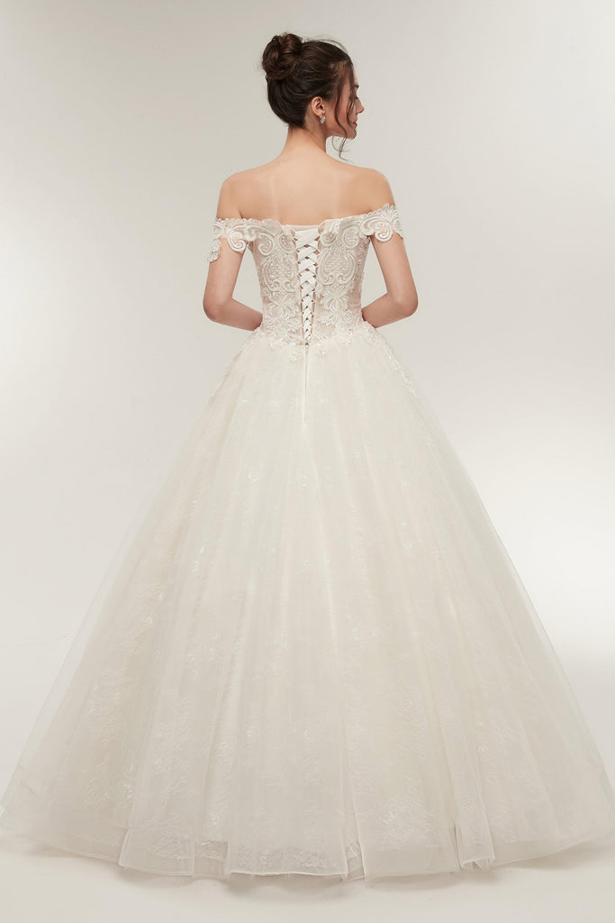 Elegant Off-Shoulder Light Champagne A-line Floor Length Lace Tulle Wedding Dresses Bridal Dress AS50638