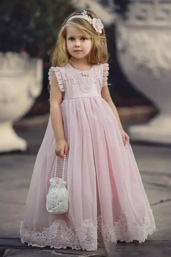 Princess Scoop Neckline Blush Pink Flower Girl Dress With Appliques OF126