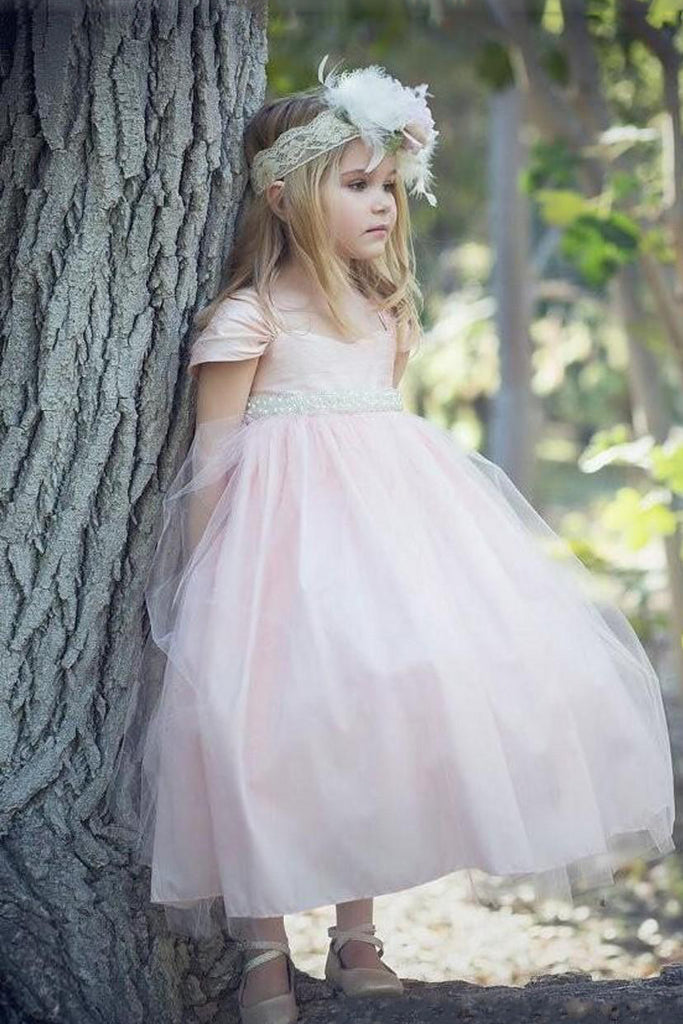 Tulle Short Sleeves Blush Pink Ball Gown Flower Girl Dress With Pearls OF127