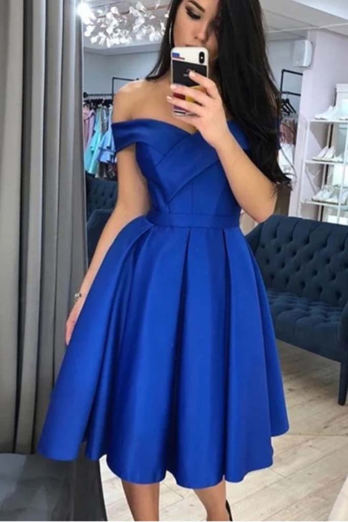 Royal Blue Satin Homecoming Dress Off Shoulder Short Prom Dress OM458
