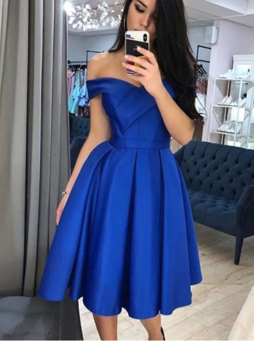Royal Blue Satin Homecoming Dress Off Shoulder Short Prom Dress OM458