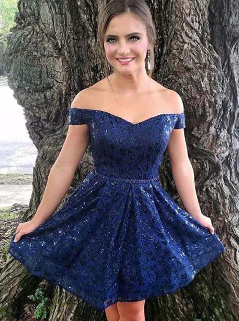 A-line Dark Navy Off Shoulder Lace Short Prom Dress Homecoming Dress A-line Dark Navy Off Shoulder Lace Short Prom Dress Homecoming Dress