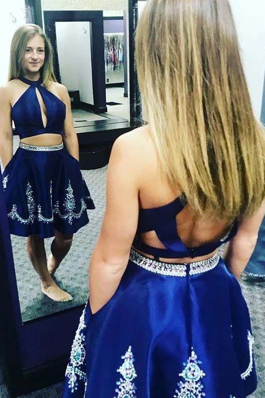 Halter Royal Blue Two Piece Homecoming Dress With Beading OM451