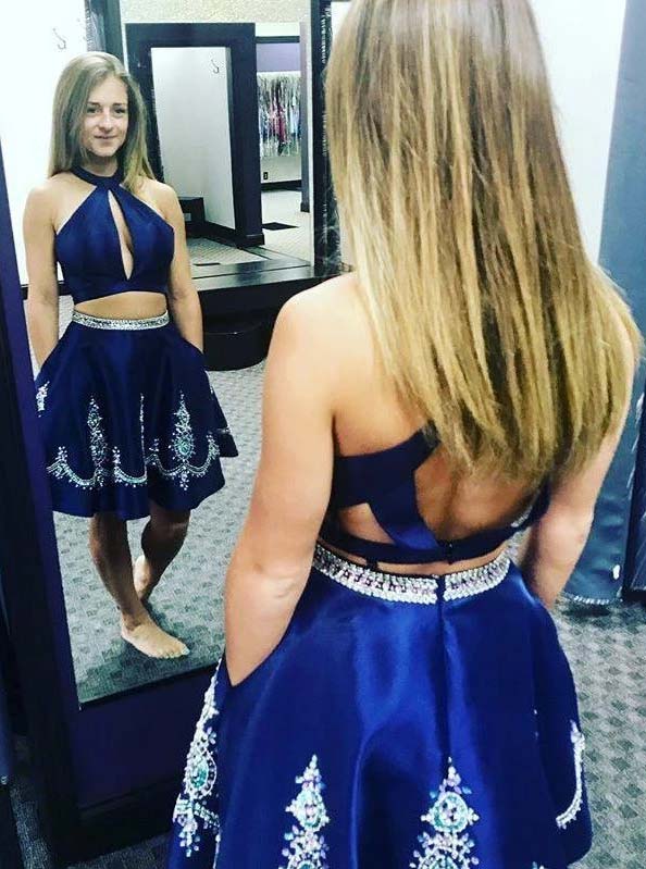 Halter Royal Blue Two Piece Homecoming Dress With Beading OM451 Halter Royal Blue Two Piece Homecoming Dress With Beading OM451