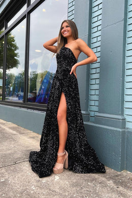 A Line One Shoulder Black Sequins Prom Dresses with Slit