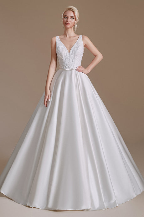 Elegant Long A-Line Sleeveless Satin Wedding Dress