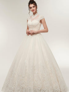 High Neck Light Champagne Appliques Elegant Lace Tulle Wedding Dresses AS50639
