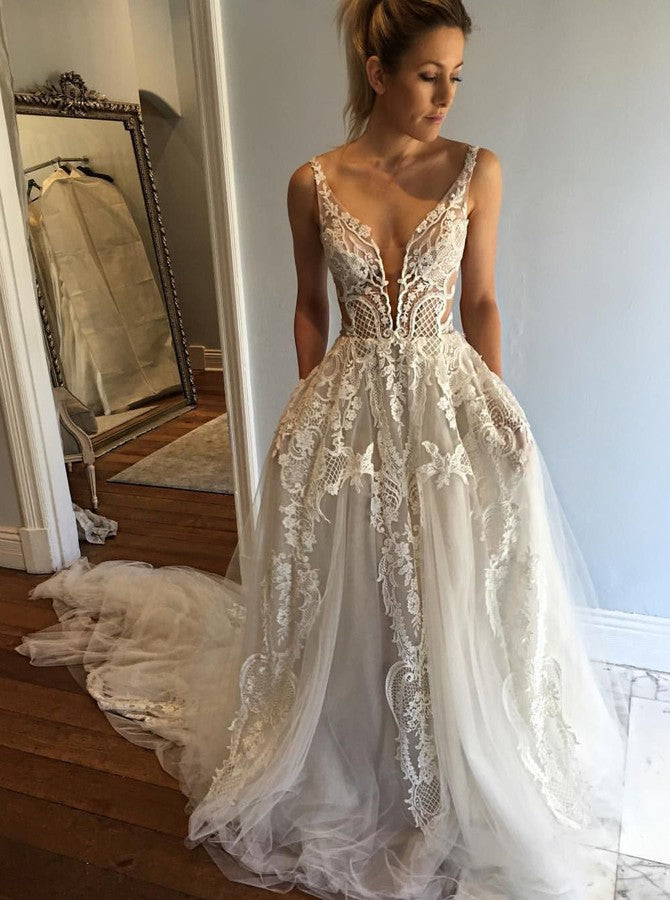 Buy A line Deep V Neck Lace Appliques Wedding Dresses with Pockets