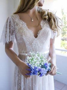 A-Line V-Neck Short Sleeves Backless Lace Beach Wedding Dress OW433