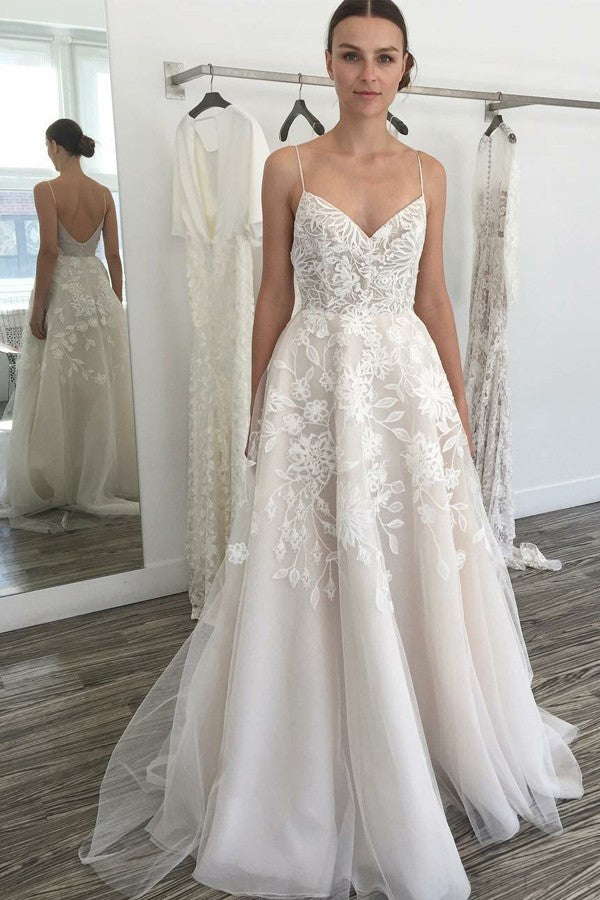 A-Line Spaghetti Tulle Backless Wedding Dress with Appliques OW437