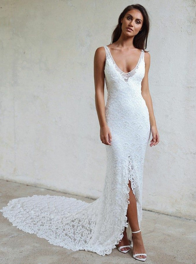 Sheath V Neck Backless Lace Wedding Dresses Court Train with Split