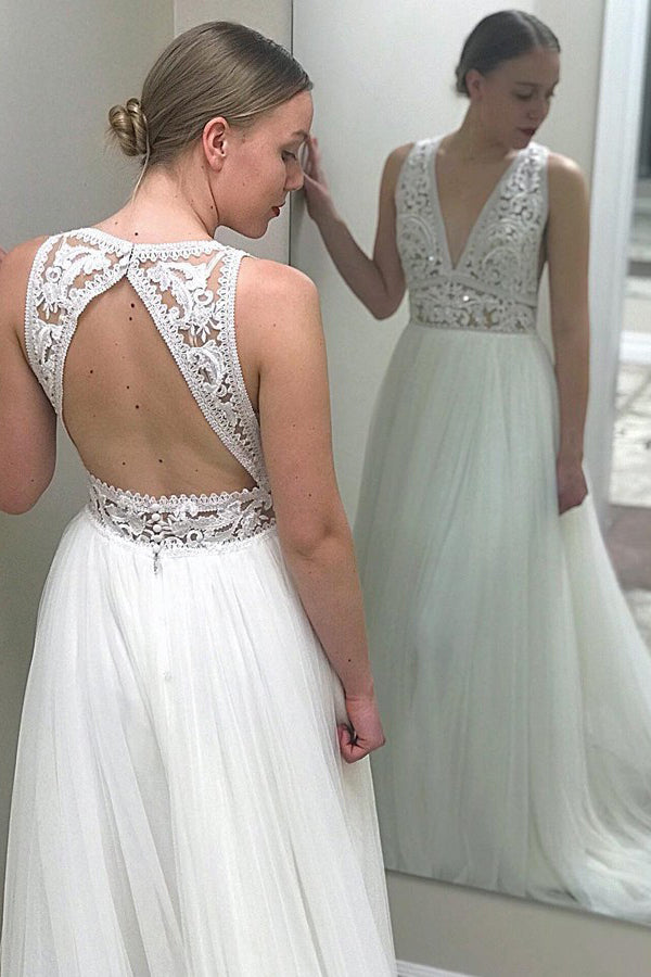 A-Line Deep V-Neck Open Back Tulle Wedding Dress With Lace Top OW484