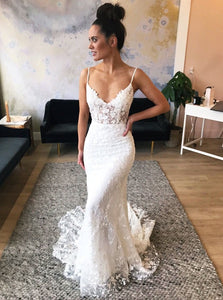 Spaghetti Straps Sweep Train Lace Appliques Mermaid Wedding Dress OW454