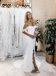 Mermaid Off-the-Shoulder Backless Lace Wedding Dress with Split W1124