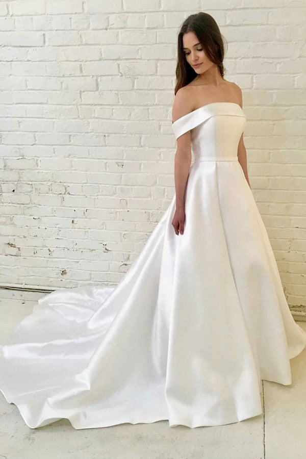 Simple A-Line Off-the-Shoulder Satin Wedding Dress OW459