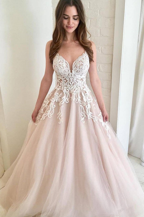 A-Line V-neck Sleeveless Tulle Wedding Dress With Lace Appliques
