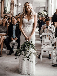 Spaghetti Straps Sheath Lace Wedding Dress Boho Lace Bridal Gown OW608