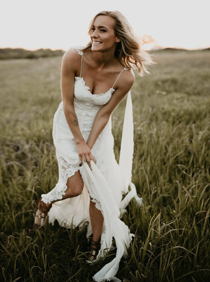 Spaghetti Straps Backless Sheath Lace Beach Wedding Dress OW600