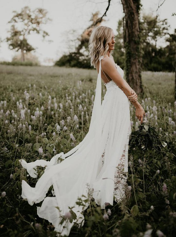 Spaghetti Straps Backless Sheath Lace Beach Wedding Dress OW600