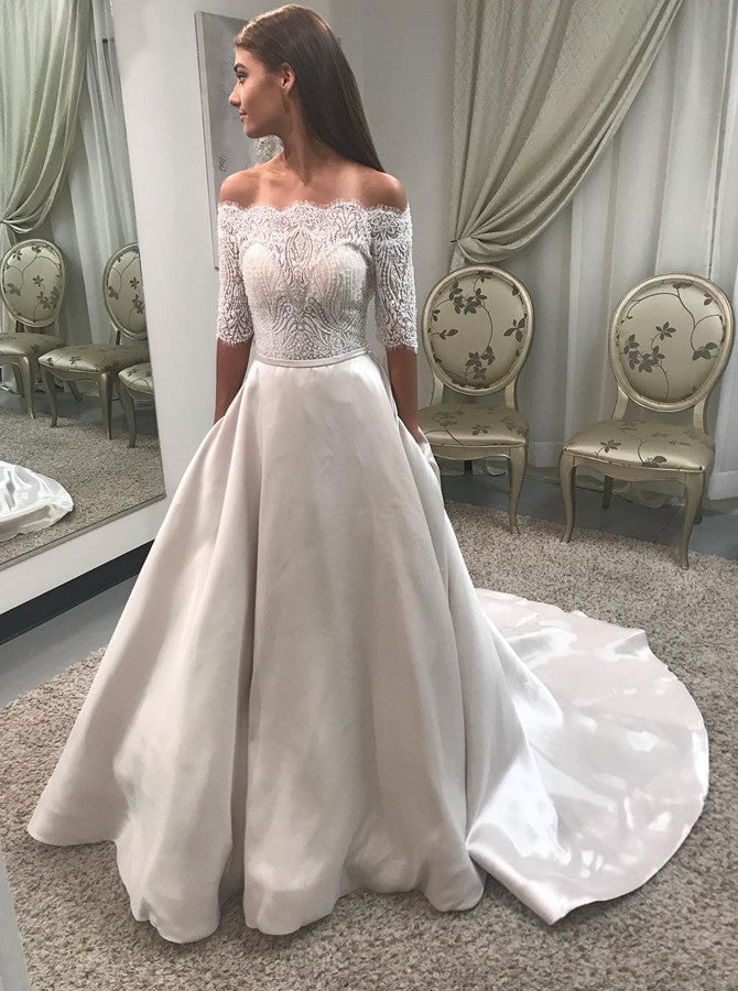 A Line Off Shoulder Half Sleeves Satin Wedding Dress With Pockets