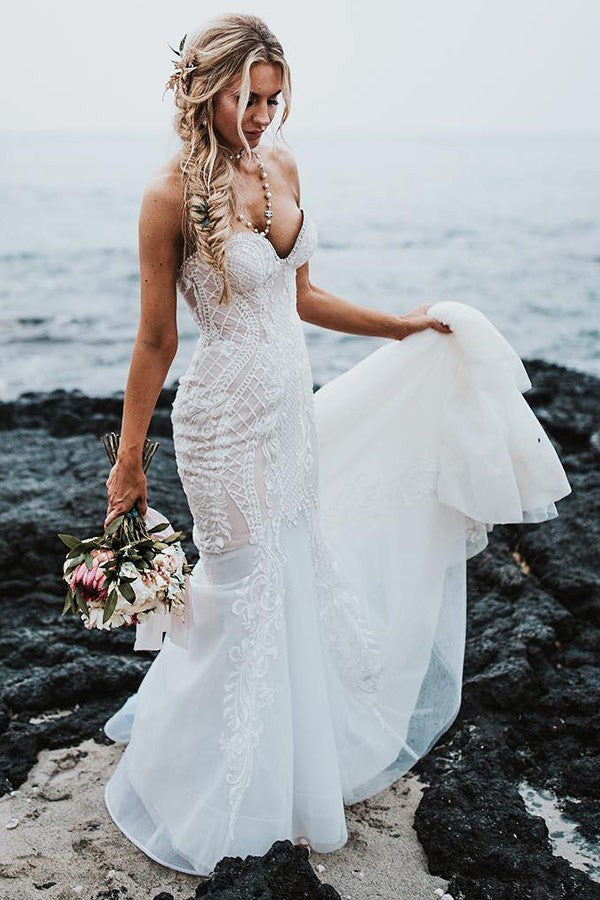 Mermaid Sweetheart Lace Appliques Beach Wedding Dress OW599