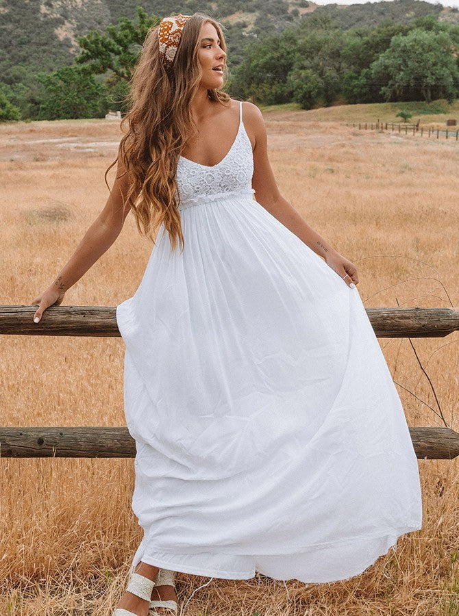 Spaghetti Straps Chiffon Backless Wedding Dress, A-Line Beach Bridal Gown OWS604