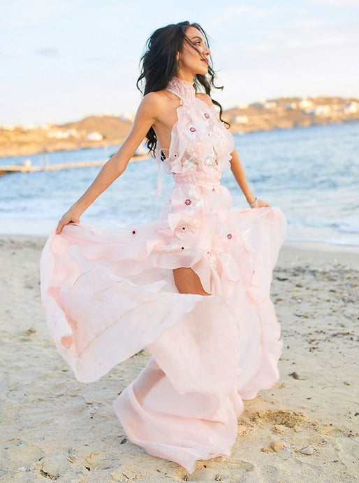 Pink Halter Appliques Beach Wedding Dress Backless Wedding Gown OW603