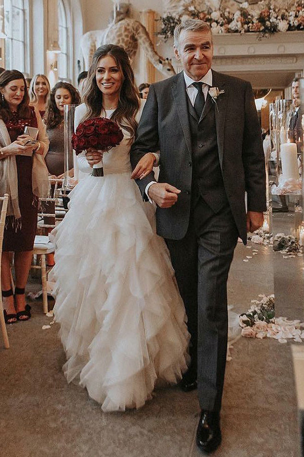 Princess Bateau Long Sleeves Tulle Wedding Dress With Ruffles OW597