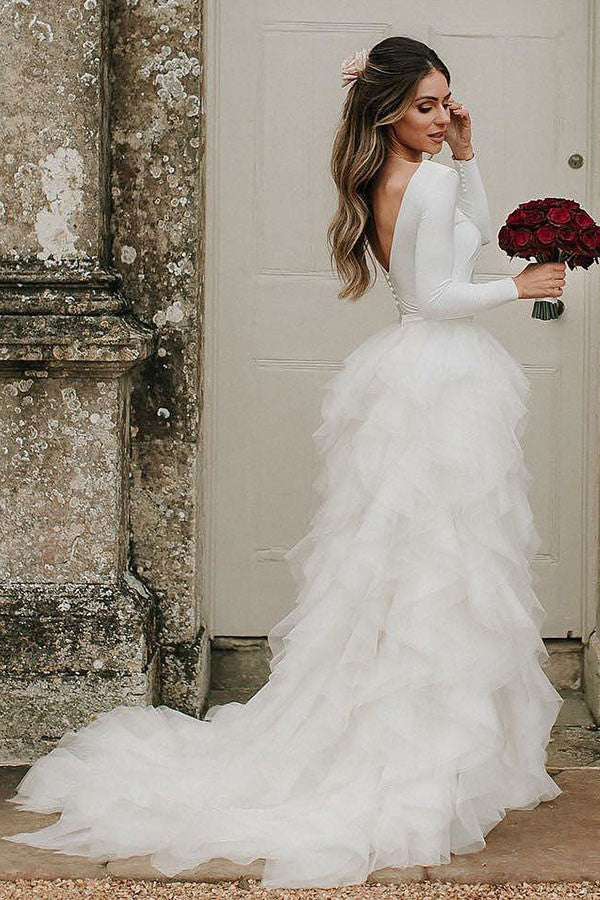 Princess Bateau Long Sleeves Tulle Wedding Dress With Ruffles OW597