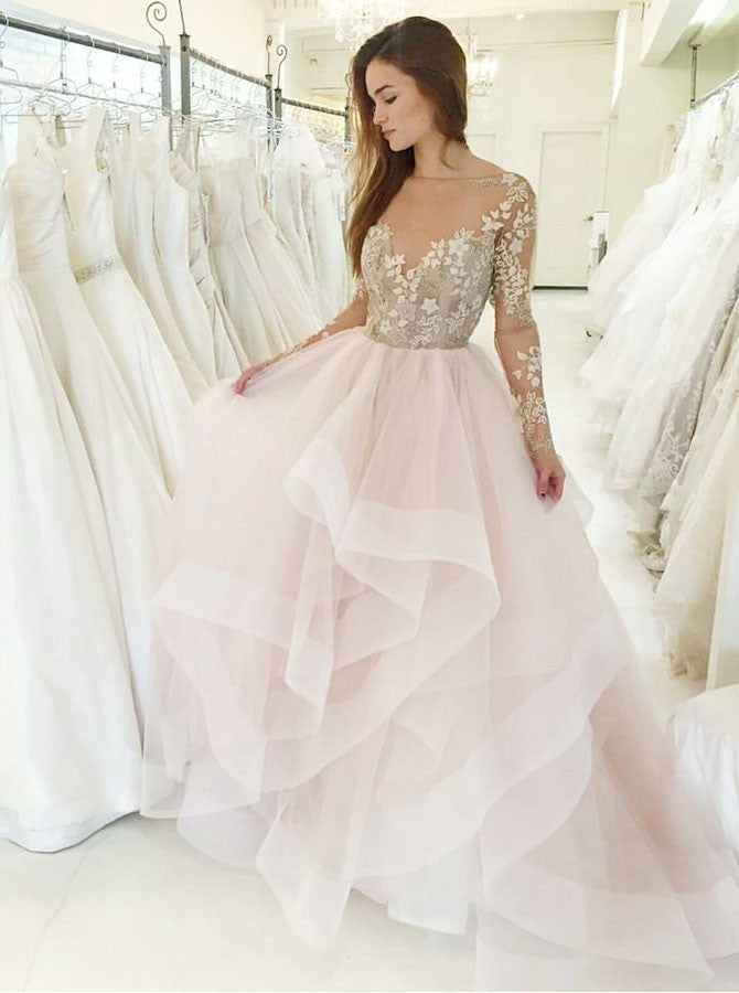 Princess Pink Bateau Long Sleeves Wedding Dress With Appliques OW598 Princess Pink Bateau Long Sleeves Wedding Dress With Appliques OW598