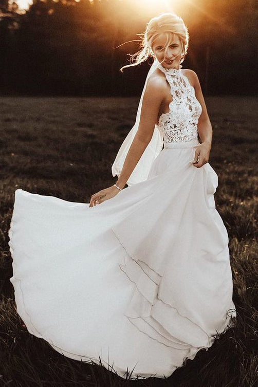 A-Line Halter Lace Chiffon Long Beach Flowy Wedding Dress W460