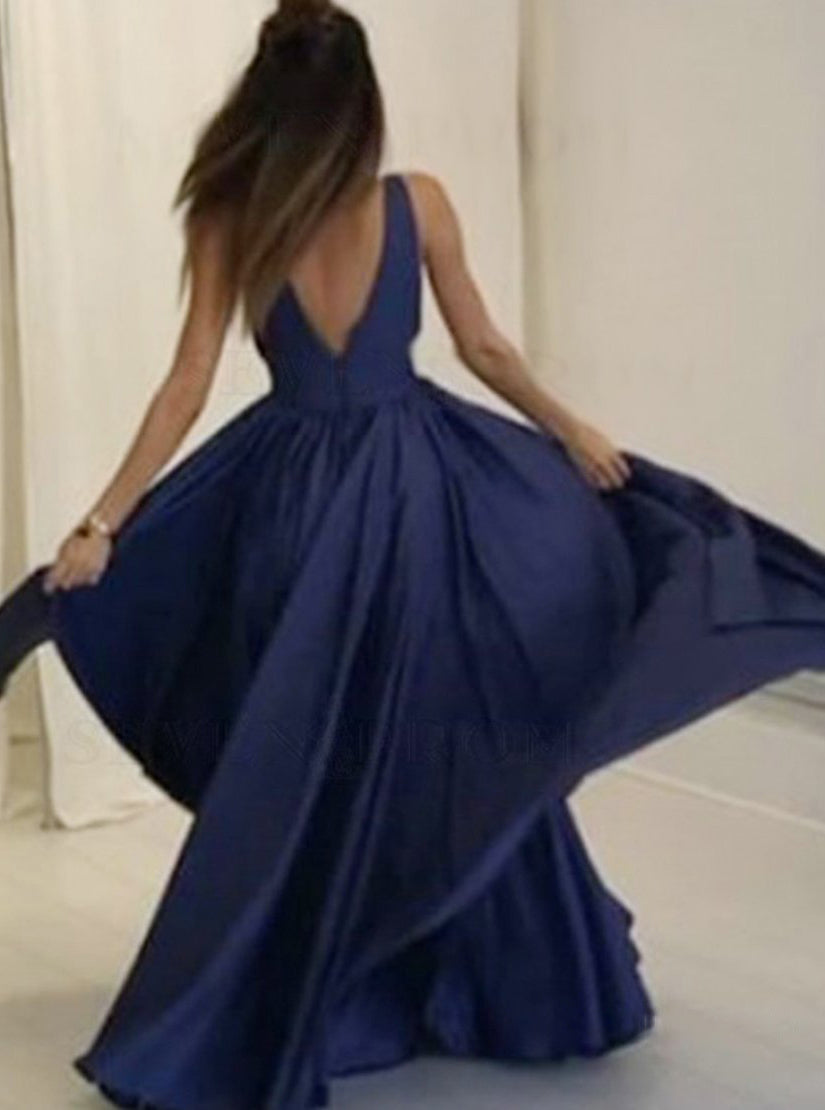 Simple Deep V-Neck Open Back Long Blue Prom Dress with Pockets PD1118