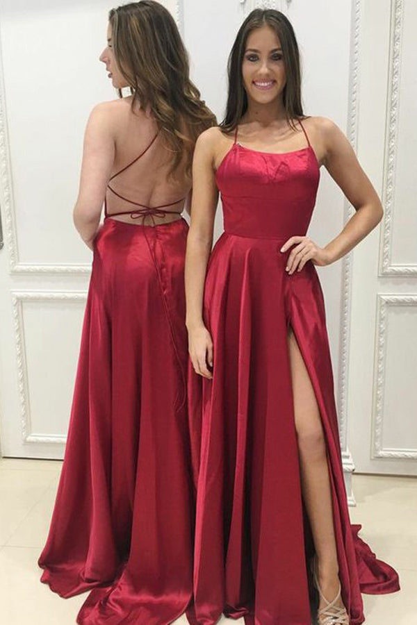 A-Line Halter Red Slit Prom Dress, Sexy Backless Evening Gown