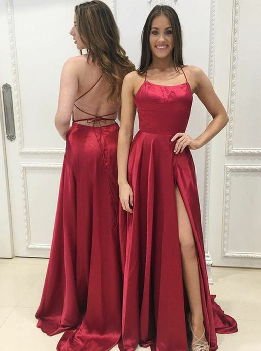 A-Line Halter Red Slit Prom Dress, Sexy Backless Evening Gown