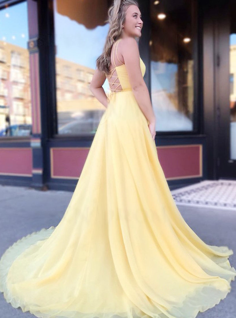 Simple Spaghetti Straps Prom Dress Daffodil Sleeveless Long Party Dress PD1103
