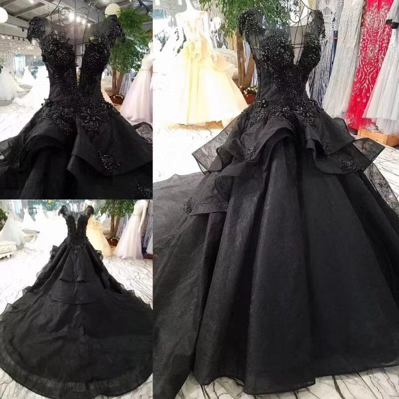 Cap Sleeves Black Ball Gown Prom Dresses, Long Bridal Dress with Beads OP877