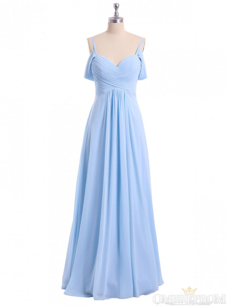 Chiffon Sky Blue Long Bridesmaid Dress, Off Shoulder Spaghetti Prom Dress OB276