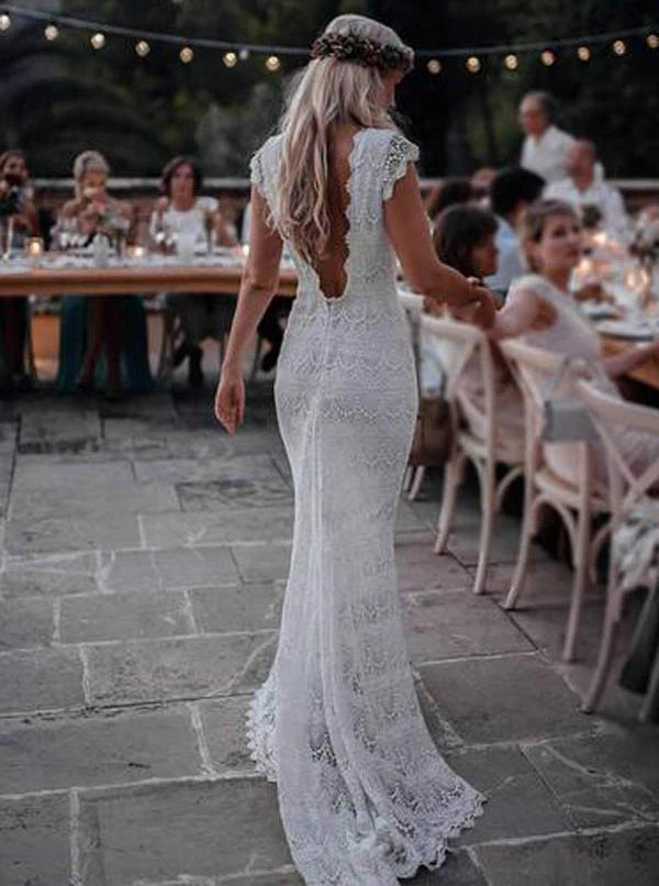 Boho Lace Wedding Dresses Mermaid Backless Bridal Gown With Sleeve OW5