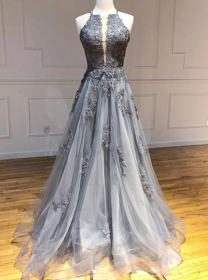 Tulle Gray Long Prom Dresses, Appliqued Backless Formal Evening Dress Tulle Gray Long Prom Dresses, Appliqued Backless Formal Evening Dress