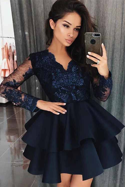 Dark Blue Long Sleeves Satin Short Prom Dress Homecoming Dress With Appliques