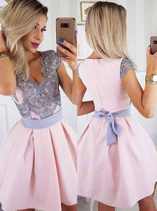 Cute A-line Pink Satin Short Prom Dress, Appliques Homecoming Dress OM392