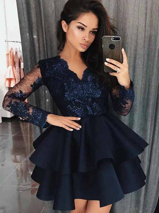 Dark Blue Long Sleeves Satin Short Prom Dress Homecoming Dress With Appliques