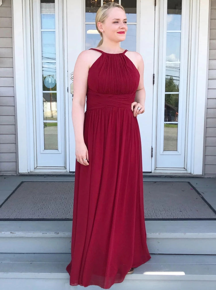 High Neck Chiffon Burgundy Bridesmaid Dress, Long Prom Party Dress OB2